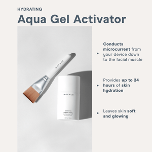 Hydrating Aqua Gel | NuFACE bottle with applicator brush, designed to enhance skincare by providing up to 24 hours of hydration and supporting microcurrent facial muscle treatment.