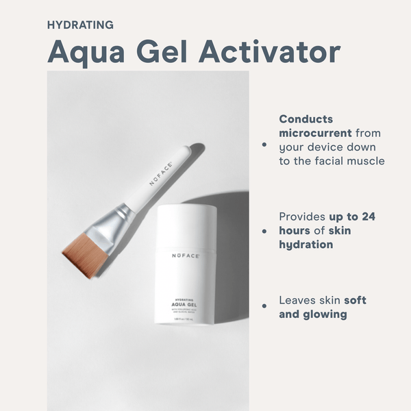 Hydrating Aqua Gel | NuFACE bottle with applicator brush, designed to enhance skincare by providing up to 24 hours of hydration and supporting microcurrent facial muscle treatment.