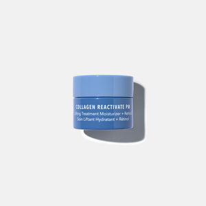 Small blue jar of Collagen Reactivate PM .5 oz | HydroPeptide moisturizing cream with retinol for skincare, shown against a plain light background with soft shadow.