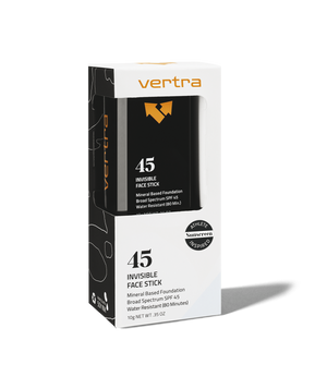 Packaging of Invisible Sunscreen Face Stick SPF 45 | Vertra showing a black face stick container inside a white and black box with broad spectrum SPF 45 and water resistant features indicated.