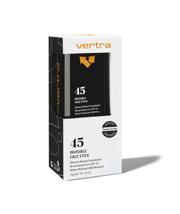 Packaging of Invisible Sunscreen Face Stick SPF 45 | Vertra showing a black face stick container inside a white and black box with broad spectrum SPF 45 and water resistant features indicated.