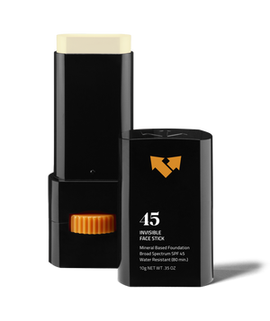 Invisible Sunscreen Face Stick SPF 45 | Vertra, black compact stick with beige sunscreen balm, mineral-based, broad spectrum, water-resistant skincare product for facial protection.