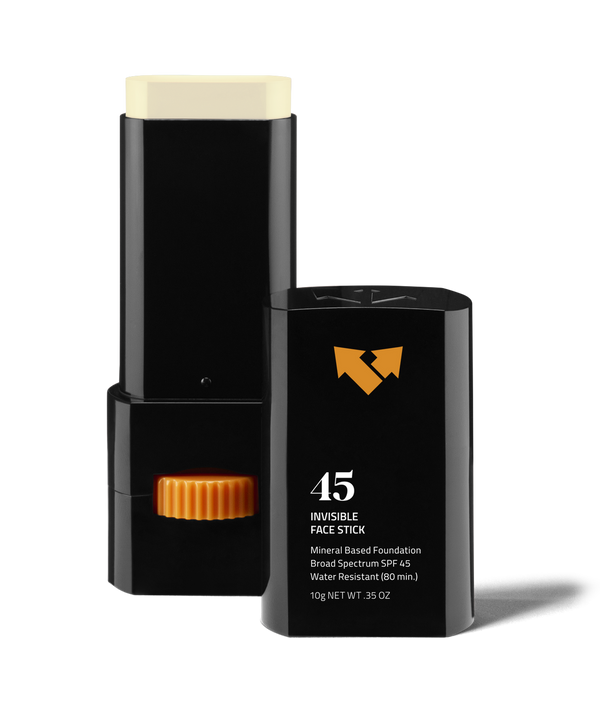 Invisible Sunscreen Face Stick SPF 45 | Vertra, black compact stick with beige sunscreen balm, mineral-based, broad spectrum, water-resistant skincare product for facial protection.