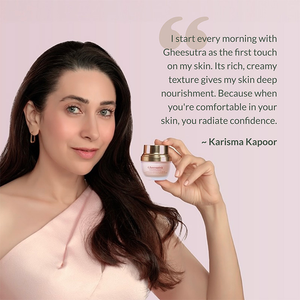Karisma Kapoor holding a jar of Gheesutra Face Emulsion | Shankara with a quote about its rich, creamy texture providing deep nourishment for glowing, confident skin.