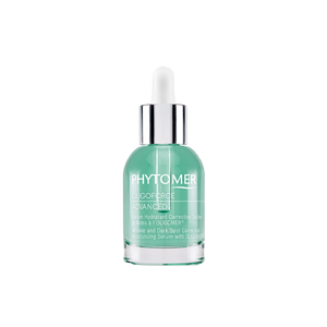 Clear glass dropper bottle containing green moisturizing serum labeled Oligoforce Advanced Wrinkle & Dark Spot Correction Moisturizing Serum with Oligomer | Phytomer for skincare and anti-aging benefits.