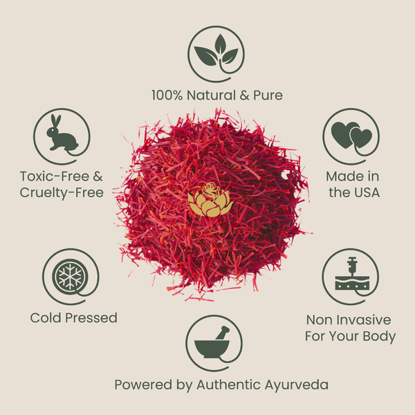 Muscle Relief Oil | Shankara features an image highlighting natural saffron threads surrounded by icons representing 100% natural and pure ingredients, toxic-free and cruelty-free, cold pressed, made in the USA, non-invasive for your body, and powered by authentic Ayurveda.