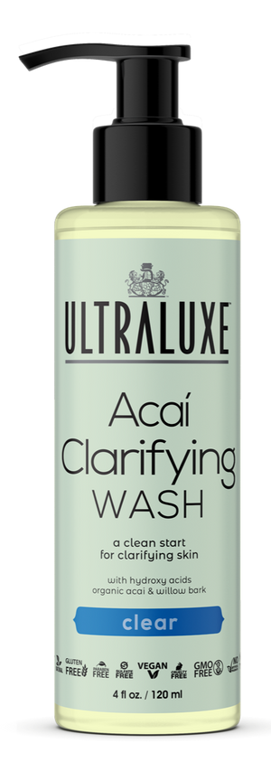 Bottle of Acai Clarifying Wash | Ultraluxe Skincare with a black pump, designed for clarifying skin, featuring organic acai, hydroxy acids, and willow bark for a clean skincare routine.