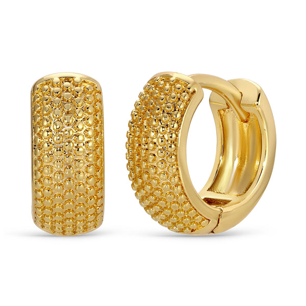Gold Dotted Huggies 14mm | Meghan Bo featuring polished gold huggie earrings with a textured dotted surface, designed for a subtle yet elegant look.
