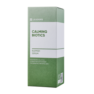 Packaging box of Calming Biotics Blemish Serum | Leaders in green and white, designed for sensitive, irritated skin with microbiome solution to strengthen the skin barrier.