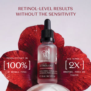 Retinol-Like Bi-Serum | Yon-Ka Paris skincare product in a dropper bottle displayed on a red flower background with text highlighting wrinkle reduction and smoother skin benefits.