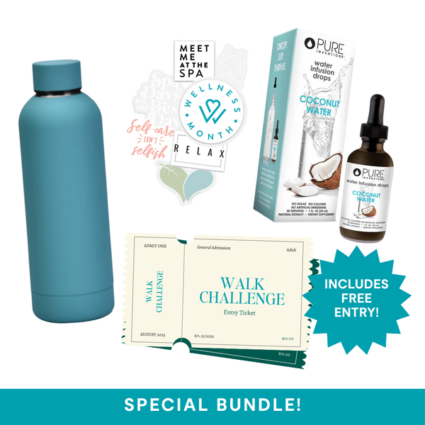 Blue insulated water bottle next to coconut water infusion drops and a walk challenge entry ticket, promoting the 2025 Walk Challenge Bundle + Entry - Teal Bottle | Wellness Month.
