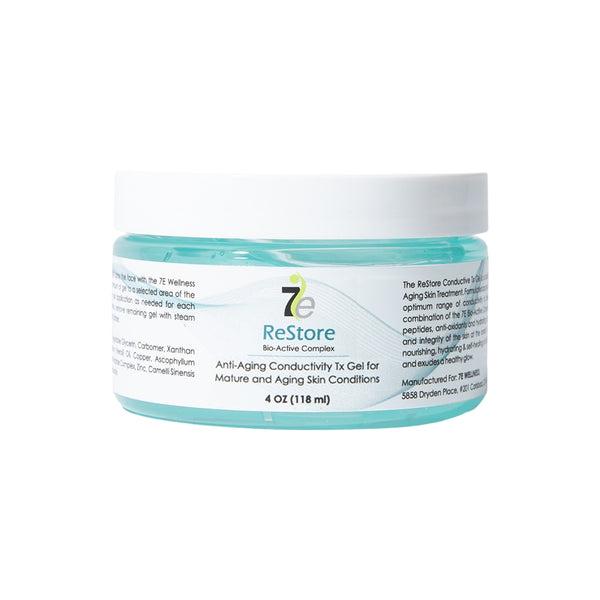 Jar of ReStore Conductive Gel with Bio-Active Complex | 7e Wellness featuring light blue gel in a clear container with white lid, designed for skincare and anti-aging treatments.