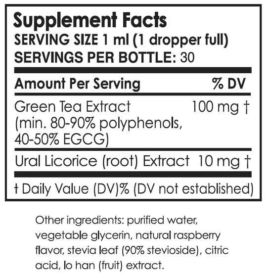 Supplement facts label for Antioxidant Green Tea Extract Water Infusion Drops - Raspberry | Pure Inventions showing serving size, green tea extract and licorice root extract amounts, and additional ingredients.