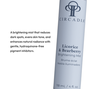 Bottle of Licorice & Bearberry Brightening Mist | Circadia skincare product with text describing its benefits for reducing dark spots, evening skin tone, and enhancing radiance.