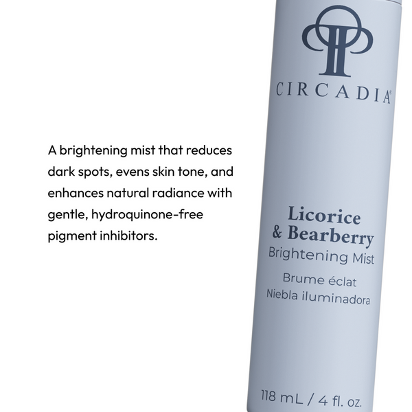 Bottle of Licorice & Bearberry Brightening Mist | Circadia skincare product with text describing its benefits for reducing dark spots, evening skin tone, and enhancing radiance.