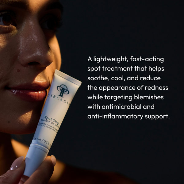 Close-up of a person holding a tube of Spot Stop Blemish Corrector | Circadia with text describing it as a lightweight, fast-acting spot treatment that soothes, cools, reduces redness, and targets blemishes with antimicrobial and anti-inflammatory support.