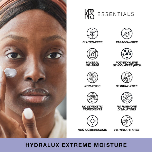 Close-up of a person applying Hydralux Extreme Moisture | Kindness Powered Skincare cream to their cheek, alongside icons highlighting the product’s gluten-free, paraben-free, mineral oil-free, polyethylene glycol-free, non-toxic, silicone-free, no synthetic ingredients, no hormone disruptors, non-comedogenic, and phthalate-free qualities.