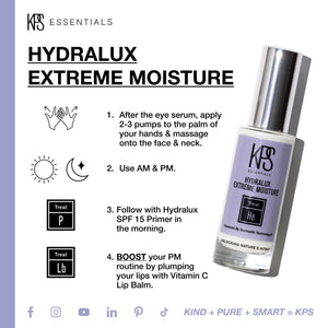 Bottle of Hydralux Extreme Moisture | Kindness Powered Skincare next to step-by-step skincare routine instructions on moisturizing face and neck with recommended morning and evening use.