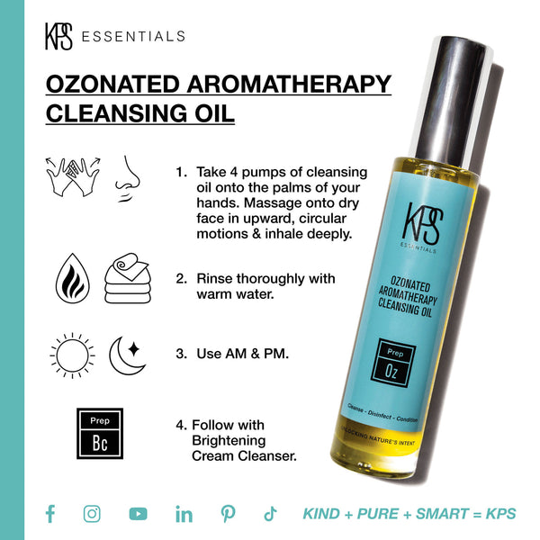 Bottle of Ozonated Aromatherapy Cleansing Oil | Kindness Powered Skincare with instructions to apply four pumps on hands, massage onto face in circular motions, rinse with warm water, use morning and night, and follow with Brightening Cream Cleanser.