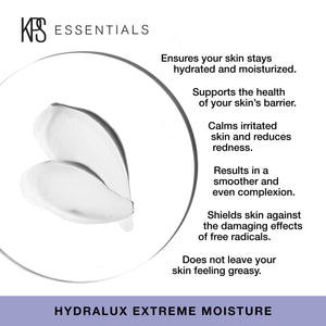 Close-up of two smooth white cream swatches on a clear plate with text listing benefits including hydration, skin barrier support, calming irritation, even complexion, antioxidant protection, and a non-greasy feel for Hydralux Extreme Moisture | Kindness Powered Skincare.