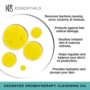 Clear liquid droplets of Ozonated Aromatherapy Cleansing Oil | Kindness Powered Skincare displayed with text highlighting benefits like removing acne-causing bacteria, protecting against free radicals, soothing irritation, balancing oil production, and hydrating skin.