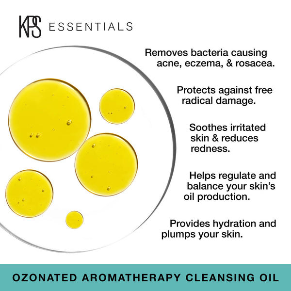 Clear liquid droplets of Ozonated Aromatherapy Cleansing Oil | Kindness Powered Skincare displayed with text highlighting benefits like removing acne-causing bacteria, protecting against free radicals, soothing irritation, balancing oil production, and hydrating skin.