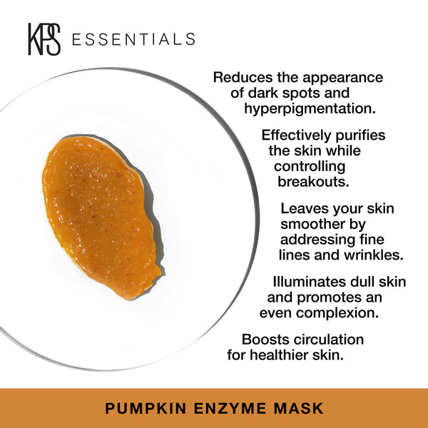 Close-up of an orange pumpkin enzyme mask on a white plate with text highlighting benefits: reduces dark spots, purifies skin, smooths fine lines, brightens complexion, and boosts circulation, promoting healthier skin with Pumpkin Enzyme Mask | Kindness Powered Skincare.