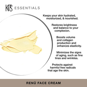 Close-up of creamy beige skincare product swatch with key benefits including hydration, brightness restoration, volume boost, elasticity enhancement, anti-aging, and protection from free radicals, promoting healthy skin with Renū Face Cream | Kindness Powered Skincare.