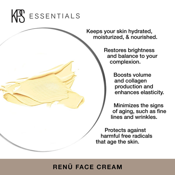Close-up of creamy beige skincare product swatch with key benefits including hydration, brightness restoration, volume boost, elasticity enhancement, anti-aging, and protection from free radicals, promoting healthy skin with Renū Face Cream | Kindness Powered Skincare.