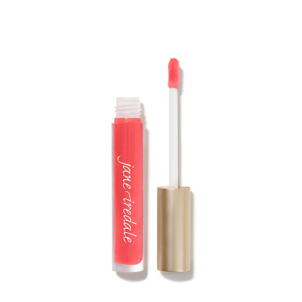 Hydropure Hyaluronic Lip Gloss | Jane Iredale in a coral pink shade with a gold cap and applicator wand, designed for nourishing and hydrating lips with skincare benefits.
