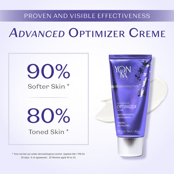 Tube of Advanced Optimizer Crème - Anti-Aging, Firming Cream I Yon-Ka Paris displayed with skincare claims of 90% softer skin and 80% toned skin, promoting visible effectiveness.