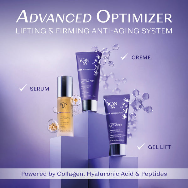 Advanced Optimizer Crème - Anti-Aging, Firming Cream I Yon-Ka Paris displayed alongside serum and gel lift, highlighting skincare products with collagen, hyaluronic acid, and peptides.