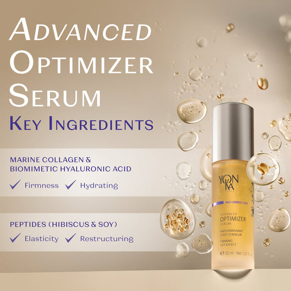 Bottle of Advanced Optimizer Serum – Anti-Aging, Firming Serum | Yon-Ka Paris displayed with floating serum droplets, highlighting key ingredients marine collagen, hyaluronic acid, and peptides for skincare benefits.