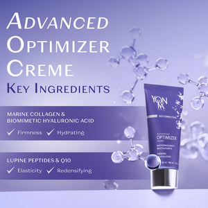 Image showing the Advanced Optimizer Crème - Anti-Aging, Firming Cream I Yon-Ka Paris with key ingredients Marine Collagen, Biomimetic Hyaluronic Acid, Lupine Peptides, and Q10 promoting firmness, hydration, elasticity, and redensifying benefits for skincare and body care.