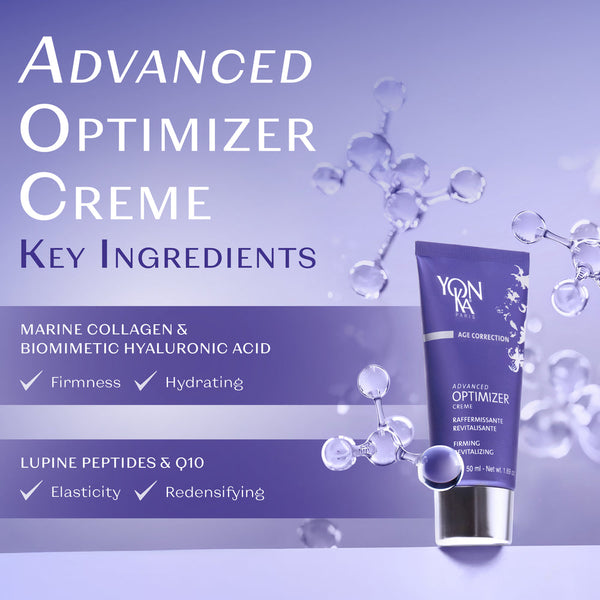 Image showing the Advanced Optimizer Crème - Anti-Aging, Firming Cream I Yon-Ka Paris with key ingredients Marine Collagen, Biomimetic Hyaluronic Acid, Lupine Peptides, and Q10 promoting firmness, hydration, elasticity, and redensifying benefits for skincare and body care.