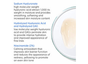 Close-up of a creamy skincare product in a clear dish alongside text describing the ingredients and benefits of Hyaluronic Acid Overnight Mask | PCA Skin, highlighting hydration and skin barrier support.
