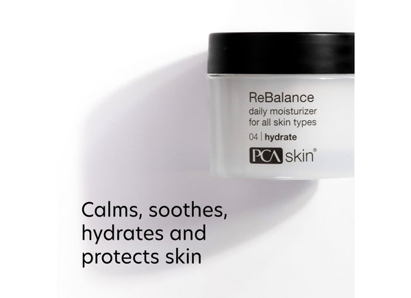 Rebalance | PCA Skin daily moisturizer jar with black lid on white background, highlighting hydration and soothing skincare benefits for all skin types.