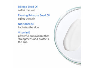 Close-up of a skincare cream texture in a glass dish with text listing ingredients Borage Seed Oil, Evening Primrose Seed Oil, Niacinamide, and Vitamin E and their skin benefits alongside Rebalance | PCA Skin.