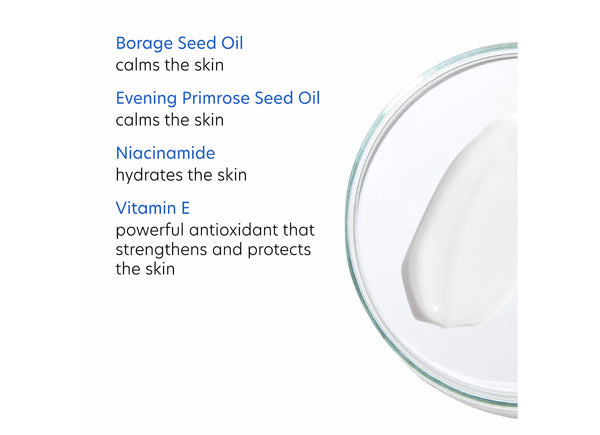 Close-up of a skincare cream texture in a glass dish with text listing ingredients Borage Seed Oil, Evening Primrose Seed Oil, Niacinamide, and Vitamin E and their skin benefits alongside Rebalance | PCA Skin.
