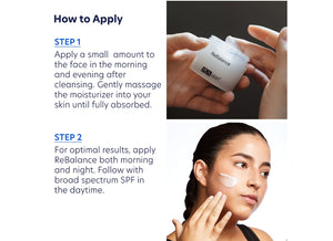 Hands holding an open jar of Rebalance | PCA Skin moisturizer with cream on fingers, and a woman applying the product to her cheek as part of skincare routine instructions.