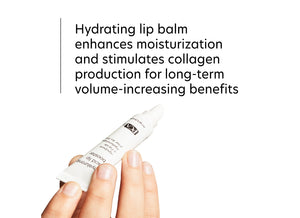 Hand holding a white tube of Hyaluronic Acid Lip Booster | PCA Skin with text describing it as a hydrating lip balm that enhances moisturization and stimulates collagen for long-term volume benefits.