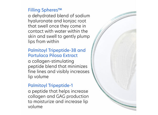 Close-up of a creamy white skincare product in a clear glass container alongside text describing ingredients that enhance lip volume and hydration in Hyaluronic Acid Lip Booster | PCA Skin.