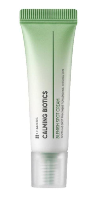 Tube of Calming Biotics Blemish Spot Cream | Leaders in green and white packaging designed for targeted skincare to soothe and treat specific blemishes.