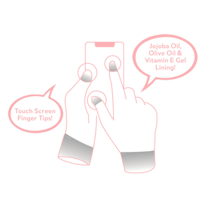 Illustration of hands wearing Hydrating Infused Moisturizing Gloves | Dreambox Beauty with touch screen finger tips and gel lining infused with jojoba oil, olive oil, and vitamin E.