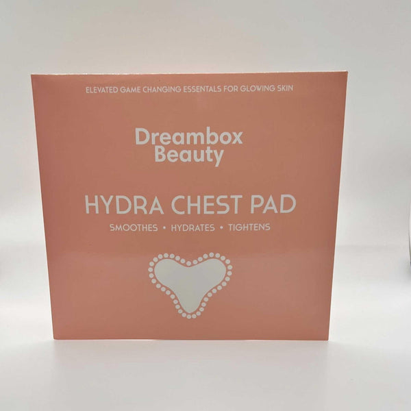 Packaging of Hydrating Reusable Chest Pad | Dreambox Beauty in soft peach color highlighting benefits to smooth, hydrate, and tighten skin for glowing chest care.