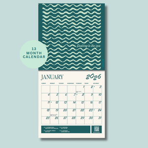 2026 Wellness Wall Calendar | Live Love Spa featuring a minimalist January month layout with soothing wave patterns and spa-inspired design in calming teal and cream colors.