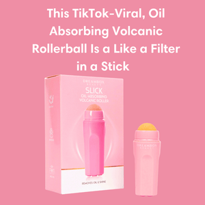 Pink oil-absorbing volcanic rollerstick and matching packaging on a pink background, showcasing the Slick Oil Absorbing Volcanic Roller [Removes Oil & Shine] | Dreambox Beauty for skincare.