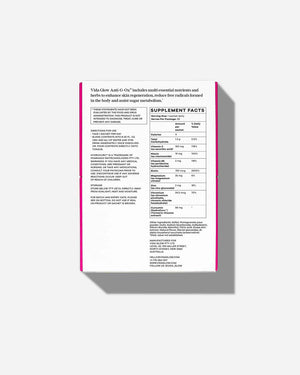 Back label of Anti-G-Ox Berry | VIDA GLOW supplement displaying directions for use, ingredient list, supplement facts, and storage instructions for skincare and wellness support.