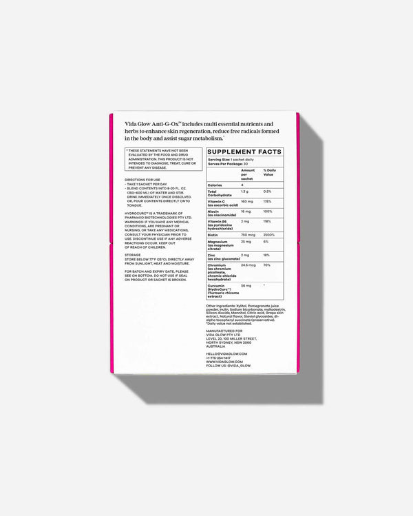Back label of Anti-G-Ox Berry | VIDA GLOW supplement displaying directions for use, ingredient list, supplement facts, and storage instructions for skincare and wellness support.