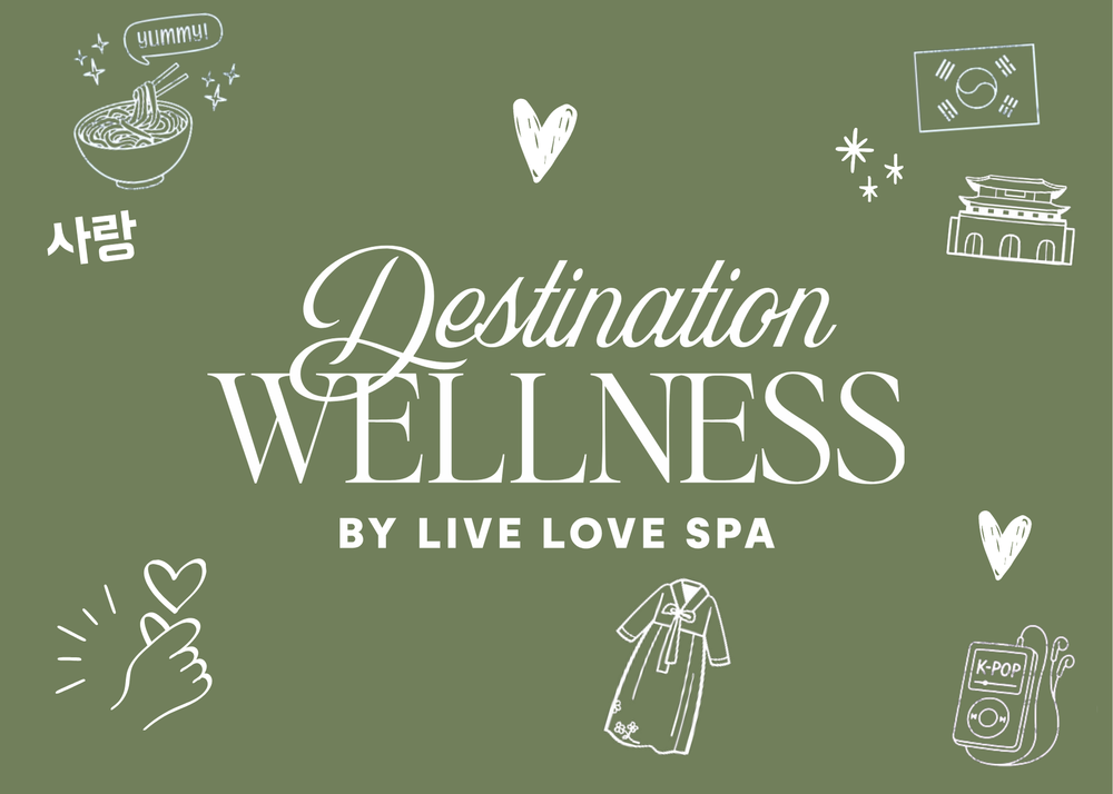 2026 Destination Wellness Box branding image with stylized icons of Korean culture and wellness by Live Love Spa on an olive green background.
